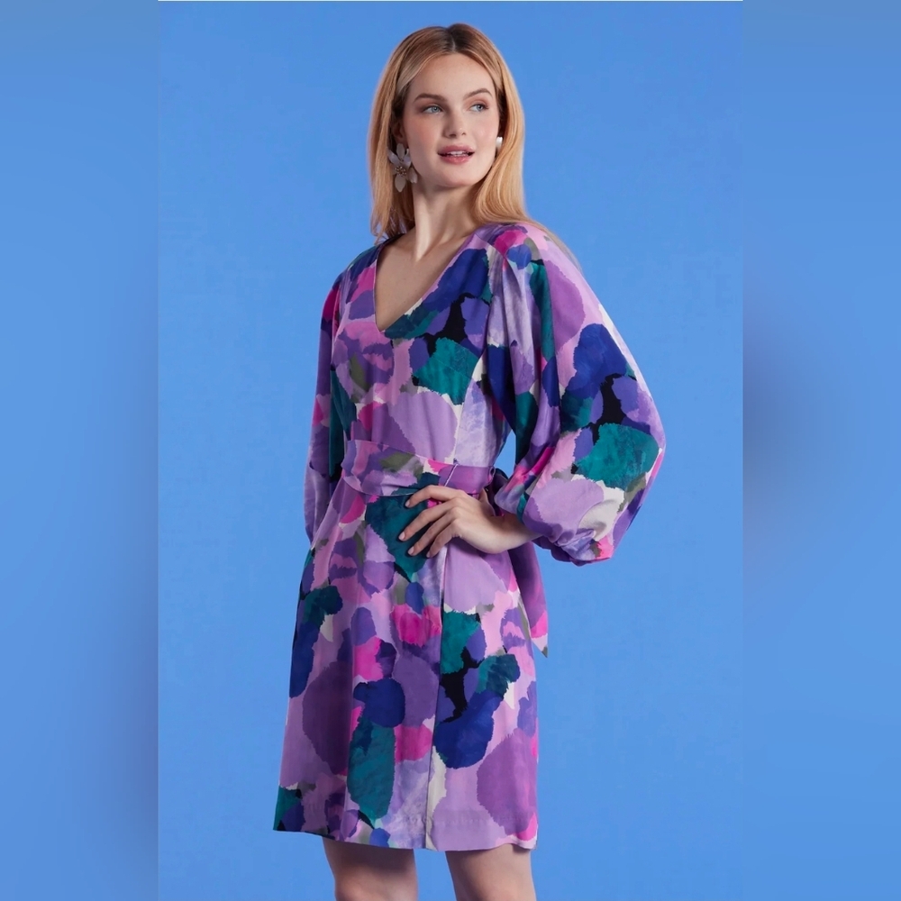 Tyler Boe Size 8 Or 10 Watercolor Multicolored Silk Dress With Pockets & Belt